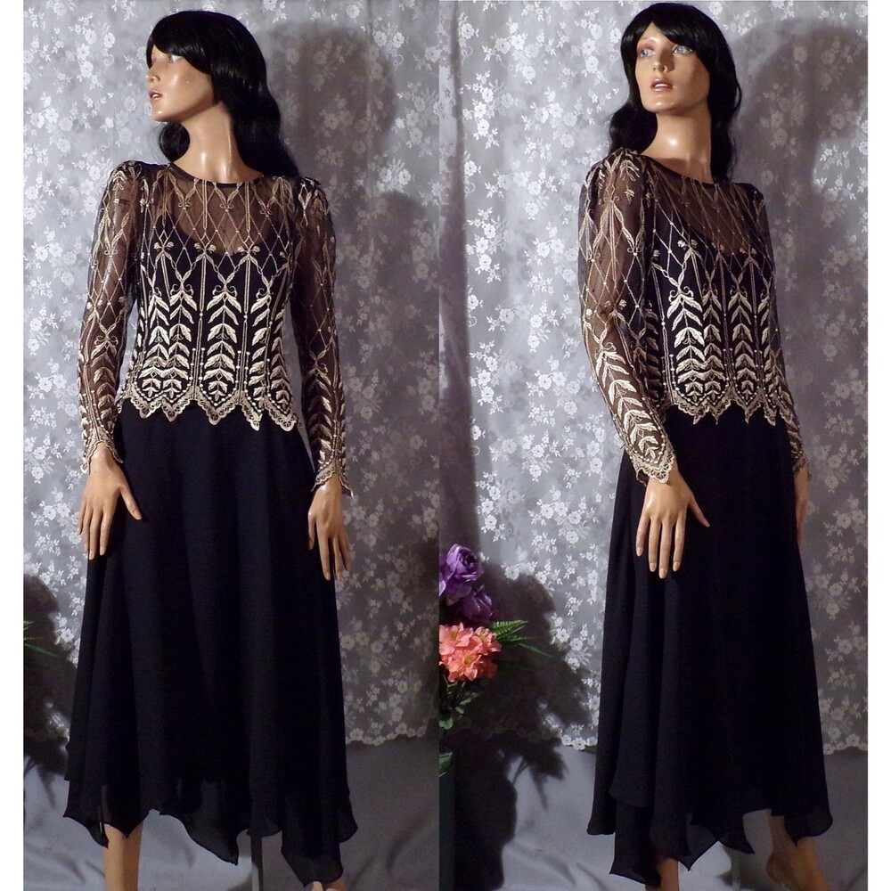 Vintage 90s Black Dress Size Medium Embroidered Mesh Cocktail Goth Midi